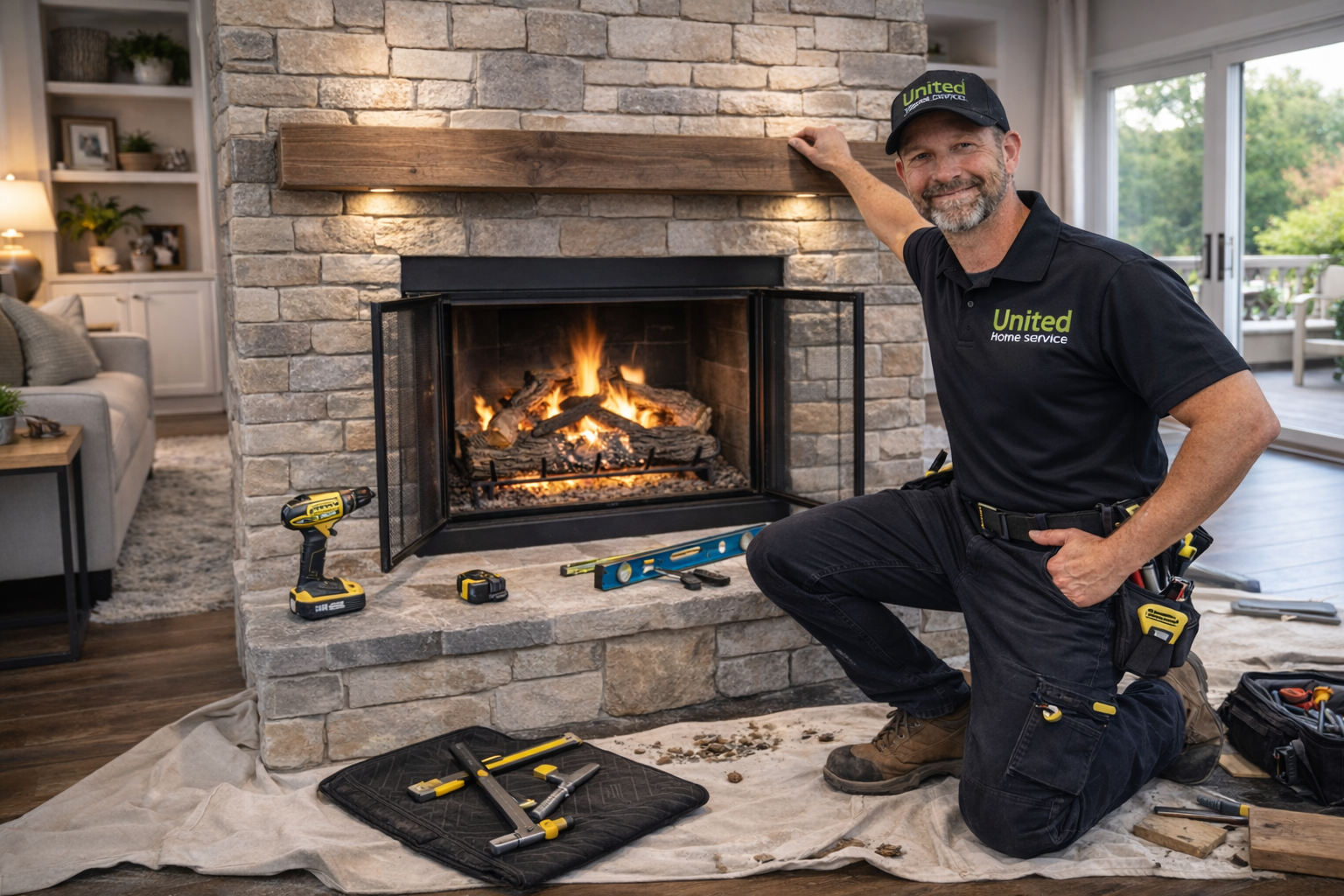 united home services tech working on stone fireplace